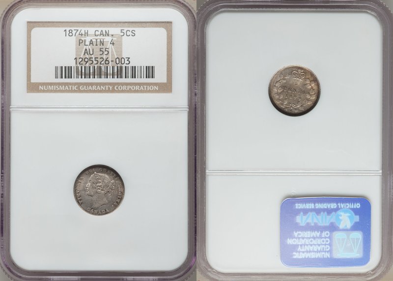 Victoria "Plain 4" 5 Cents 1874-H AU55 NGC, Heaton mint, KM2. A scarcer variety ...