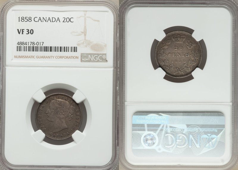 Victoria 20 Cents 1858 VF30 NGC, London mint, KM4. A scarce denomination that pr...