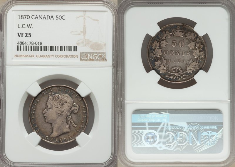 Victoria 50 Cents 1870 VF25 NGC, London mint, KM6. Variety with LCW on truncatio...