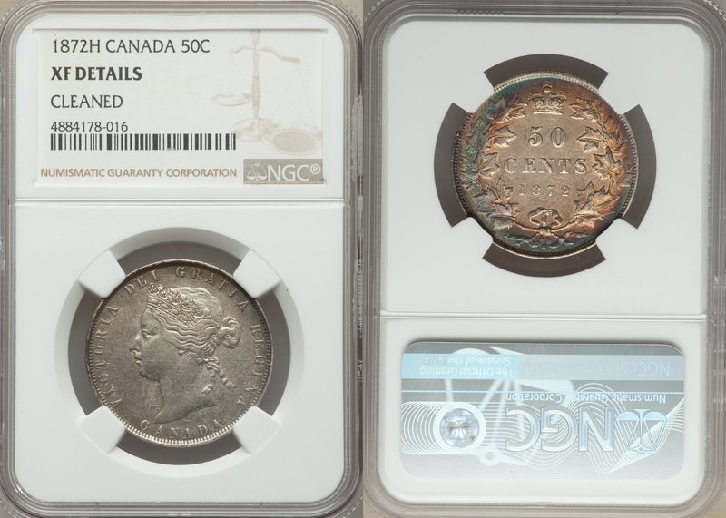 Victoria 50 Cents 1872-H XF Details (Cleaned) NGC, Heaton mint, KM6. Repunched A...