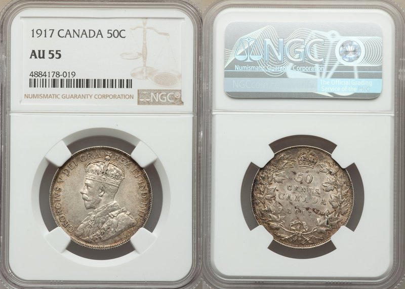 George V 50 Cents 1917 AU55 NGC, Ottawa mint, KM25. Highly lustrous and original...