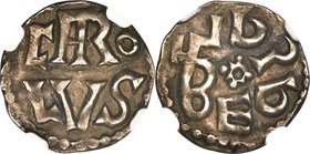 Carolingian. Charlemagne (768-814) Denier ND (771-793) AU58 NGC, Melle mint, Class 2, Rob-896, MEC I-728, MG-268var (arrangement of mint name), Dep-60...