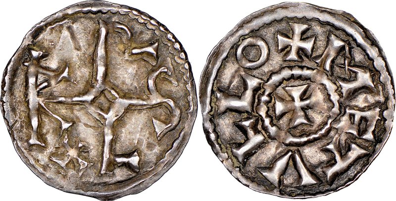Carolingian. Charles the Bald (840-877) Obol ND AU58 NGC, Melle mint, Rob-1345, ...