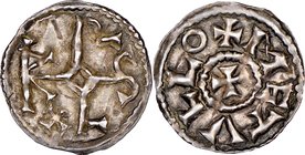 Carolingian. Charles the Bald (840-877) Obol ND AU58 NGC, Melle mint, Rob-1345, MEC I-963, MG-1061, Dep-625. 16mm. 0.73gm. Karolus monogram, X in thir...