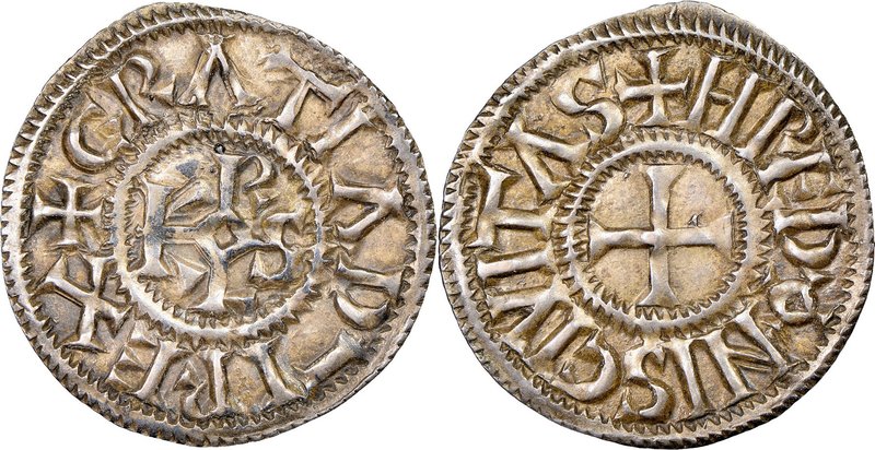 Carolingian. Charles the Bald (840-877) Denier ND (864-877) AU55 NGC, Rennes min...