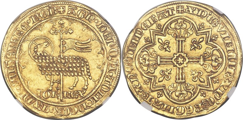 Jean II le Bon (1350-1364) gold Mouton d'Or ND AU55 NGC, Fr-280, Dup-291. 30mm. ...