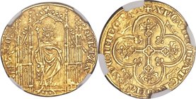 Charles IV (1322-1328) gold Royal d'Or ND AU53 NGC, Paris mint, Fr-261, Dup-240. +K' OL' (annulet) RЄX (annulet) | • FRA' • COR' •, crowned, mantled f...
