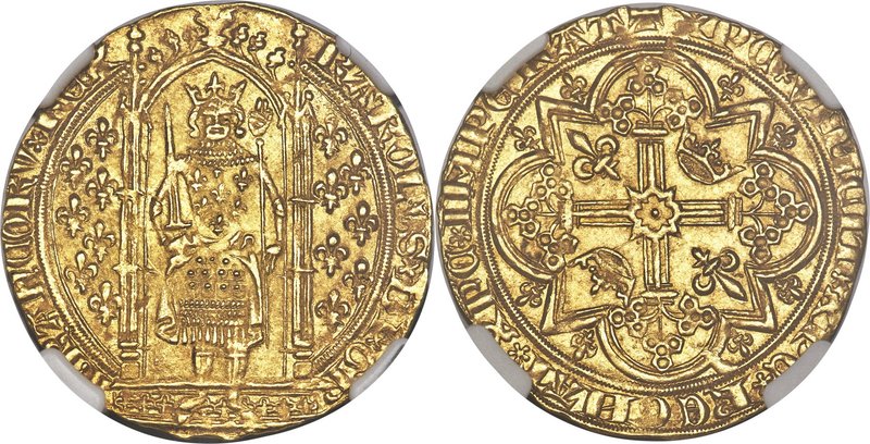 Charles V (1364-1380) gold Franc a Pied ND MS66 NGC, Uncertain mint, Fr-284, Dup...