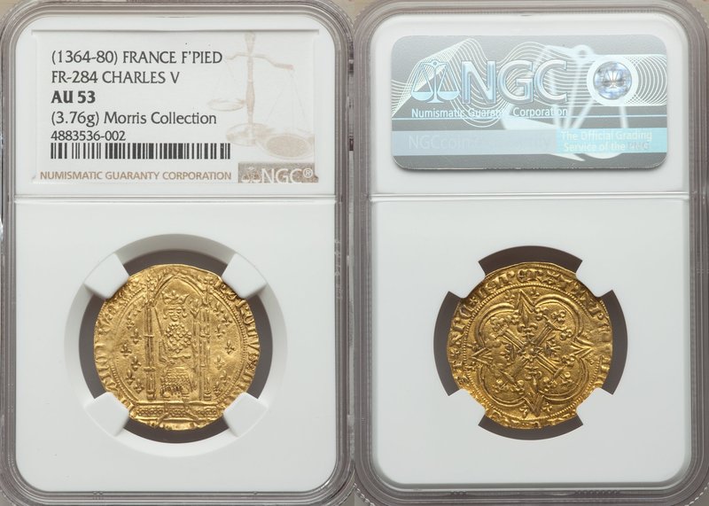 Charles V (1364-1380) gold Franc a Pied ND AU53 NGC, Fr-284, Dup-360. 3.76gm. KA...