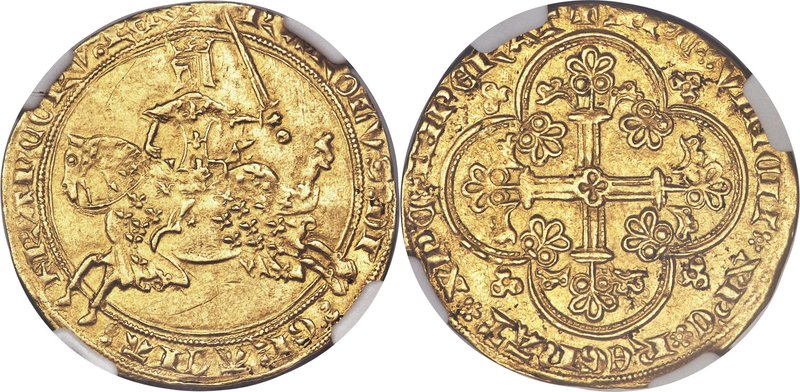 Charles V (1364-1380) gold Franc à cheval ND AU53 NGC, Fr-285. 3.82gm. (Lis) KAR...