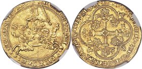 Charles V (1364-1380) gold Franc à cheval ND AU53 NGC, Fr-285. 3.82gm. (Lis) KAROLVS : DЄI | : GRACIA : | FRAnCORV' : RЄX, armored knight on horseback...