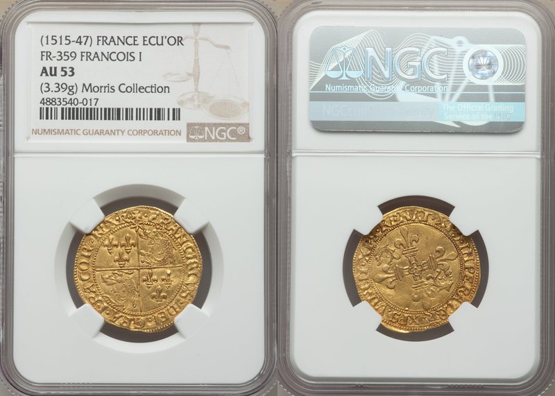 François I (1515-1547) gold Écu d'Or au soleil ND AU53 NGC, Romans mint, Fr-359,...