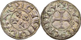 Aquitaine. William IX (1086-1126) or William X (1127-1137) Denier ND XF40 NGC, Bordeaux mint, Dup-1020. +C˩VILILMO, cross of four crosslets / +BVRDEGI...