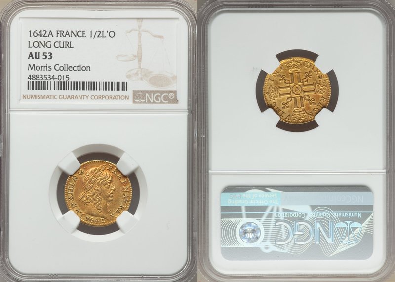Louis XIII gold 1/2 Louis d'Or 1642-A AU53 NGC, Paris mint, KM125. A beautiful s...