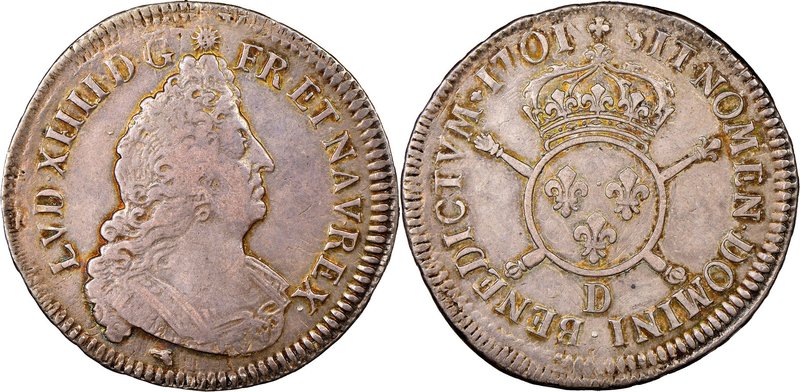 Louis XIV 1/2 Ecu 1701-D VF35 NGC, Lyon mint, KM326.1. Clearly overstruck, the s...