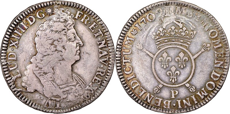Louis XIV Ecu 1702-P VF30 NGC, Dijon mint, KM329.16. Generally well-struck, with...