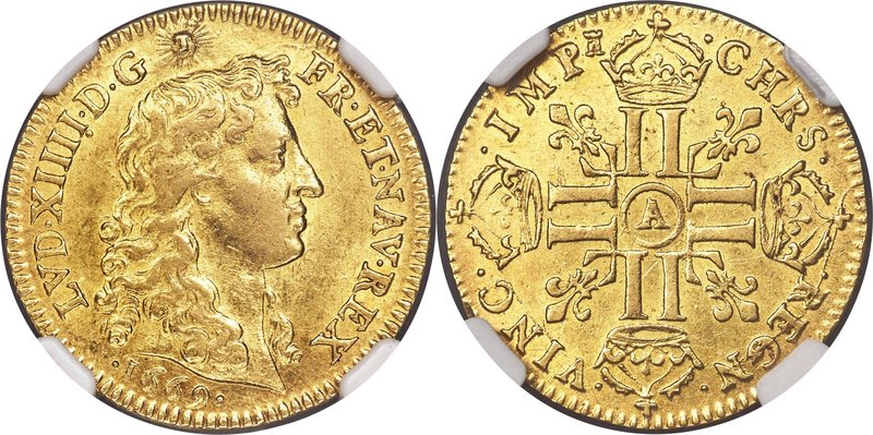Louis XIV gold Louis d'Or 1669-A AU55 NGC, Paris mint, KM219.1, cf. Gad-247 (dat...