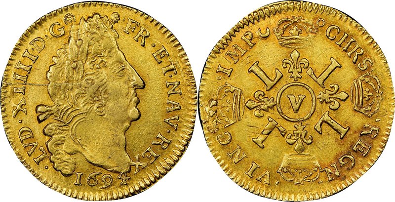 Louis XIV gold Louis d'Or 1694-V AU58 NGC, Troyes mint, KM302.19, Gad-252. Brigh...