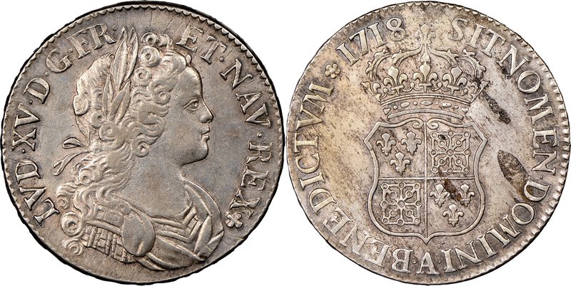 Louis XV Ecu 1718-A AU50 NGC, Paris mint, KM435.1, Dav-1327. Exhibiting notable ...