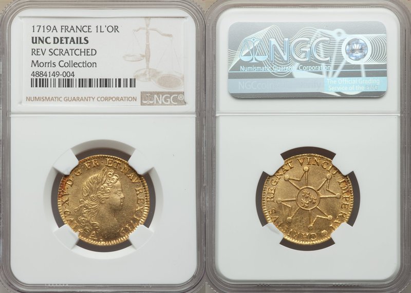 Louis XV gold Louis d'Or 1719-A UNC Details (Reverse Scratched) NGC, Paris mint,...
