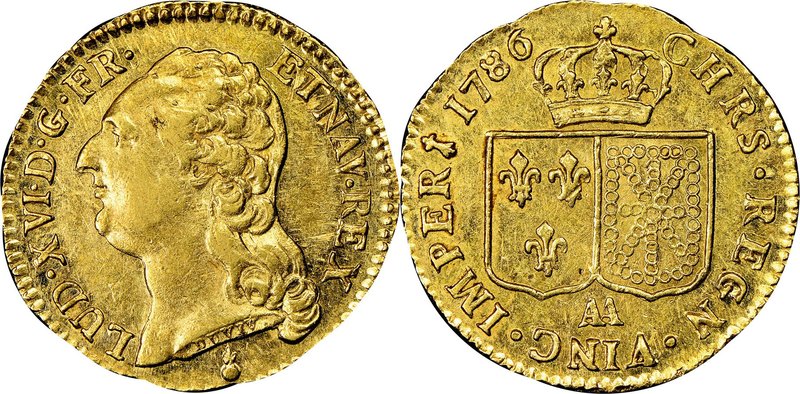 Louis XVI gold Louis d'Or 1786-AA AU55 NGC, Metz mint, KM591.2. Highly lustrous ...
