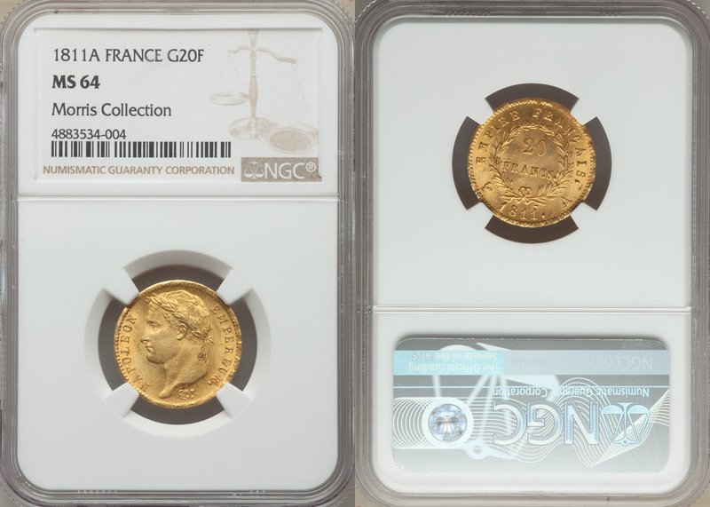 Napoleon gold 20 Francs 1811-A MS64 NGC, Paris mint, KM695.1. A glowing aurous s...