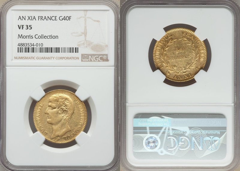 Napoleon gold 40 Francs L'An XI (1802/3)-A VF35 NGC, Paris mint, KM652. Moderate...