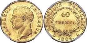 Napoleon gold 40 Francs 1806-A MS62 NGC, Paris mint, KM675.1. A bright and highly lustrous example of this largest denomination issued in Napoleonic F...