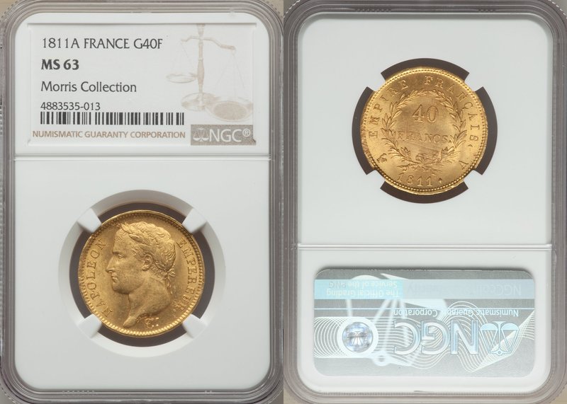 Napoleon gold 40 Francs 1811-A MS63 NGC, Paris mint, KM696.1. Satiny and lustrou...