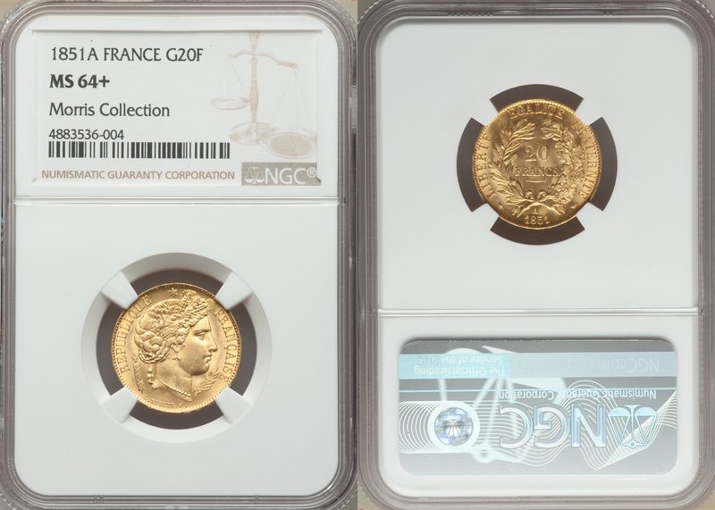 Republic gold 20 Francs 1851-A MS64+ NGC, Paris mint, KM762. Scintillatingly lus...