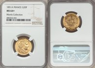 Republic gold 20 Francs 1851-A MS64+ NGC, Paris mint, KM762. Scintillatingly lustrous and clearly on the cusp of gem preservation. From the Morris Col...