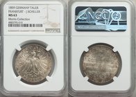 Frankfurt. Free City "Schiller" Taler 1859 MS63 NGC, KM359, Dav-649. Crowned eagle with wings open / Inscription with stars above and below. Struck to...
