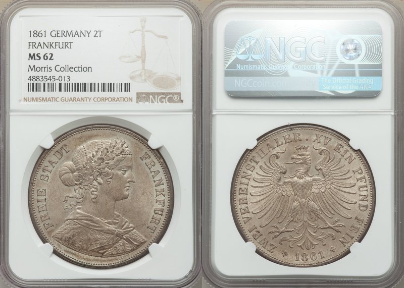 Frankfurt. Free City 2 Taler 1861 MS62 NGC, KM365. Silver-patinated with strong ...