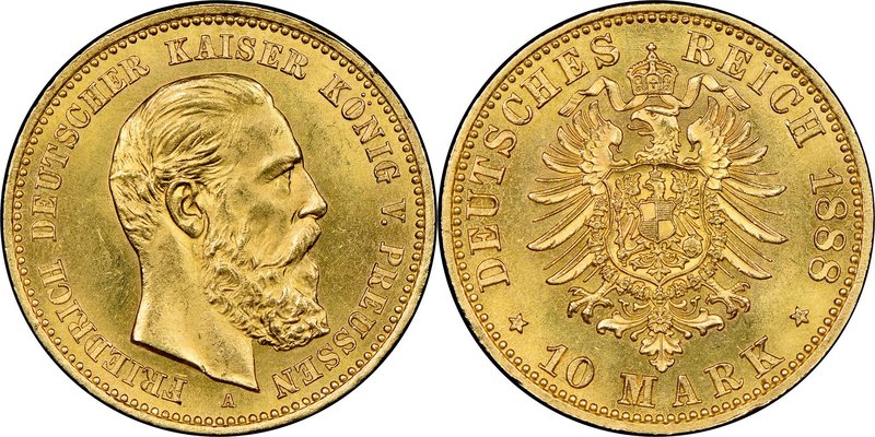 Prussia. Friedrich III gold 10 Mark 1888-A MS64 NGC, Berlin mint, KM514. AGW 0.1...