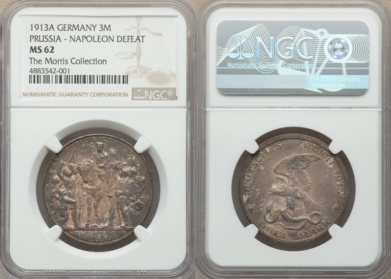Prussia. Wilhelm II 3 Mark 1913-A MS62 NGC, Berlin mint, KM534. Seemingly capped...