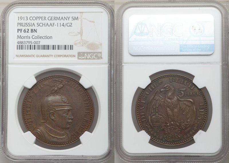 Prussia. Wilhelm II copper Proof Pattern 5 Mark 1913 PR62 Brown NGC, KM-X4A, Sch...