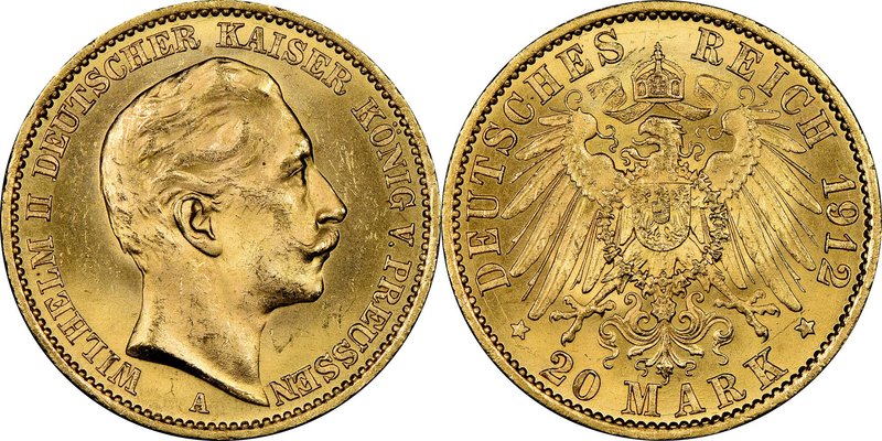 Prussia. Wilhelm II gold 20 Mark 1912-A MS64 NGC, Berlin mint, KM521. Very gentl...