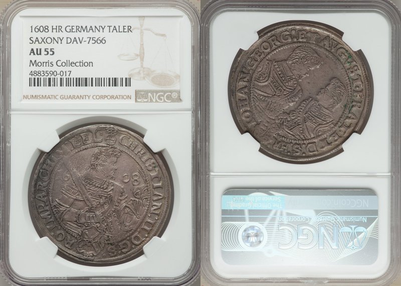 Saxony. Christian II, Johann Georg I & August Taler 1608-HR AU55 NGC, Dresden mi...