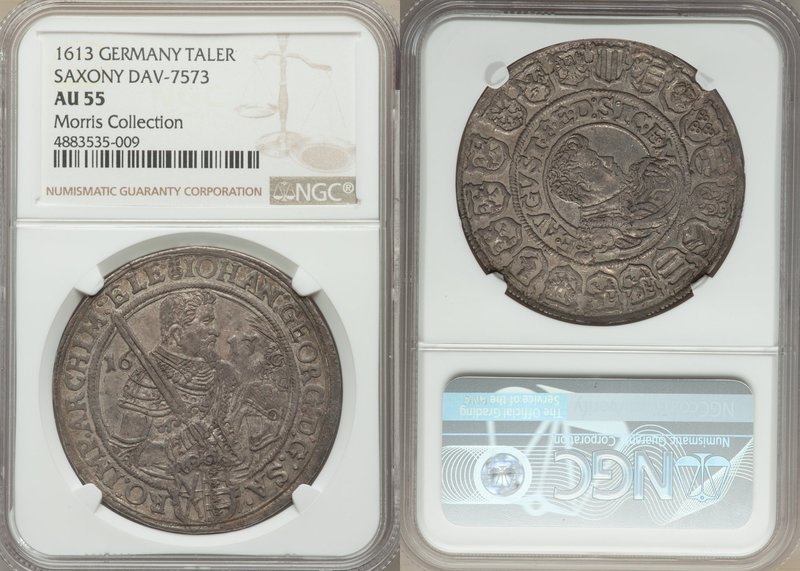 Saxony. Johann Georg & August Taler 1613 AU55 NGC, KM44, Dav-7573. Quite appeali...