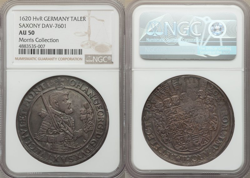 Saxony. Johann Georg I Taler 1620-HvR AU50 NGC, KM132, Dav-7601. Localized areas...