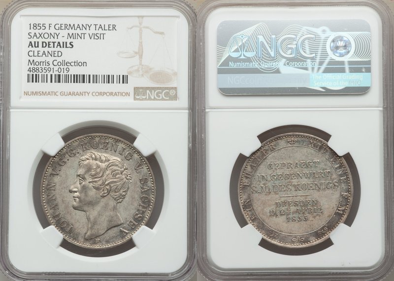 Saxony. Johann Taler 1855-F AU Details (Cleaned) NGC, Dresden mint, KM1187. Stru...