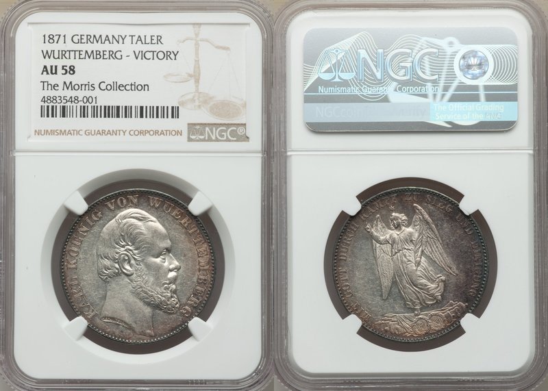 Württemberg. Karl I Taler 1871 AU58 NGC, KM620. Semi-lustrous with a coppery and...