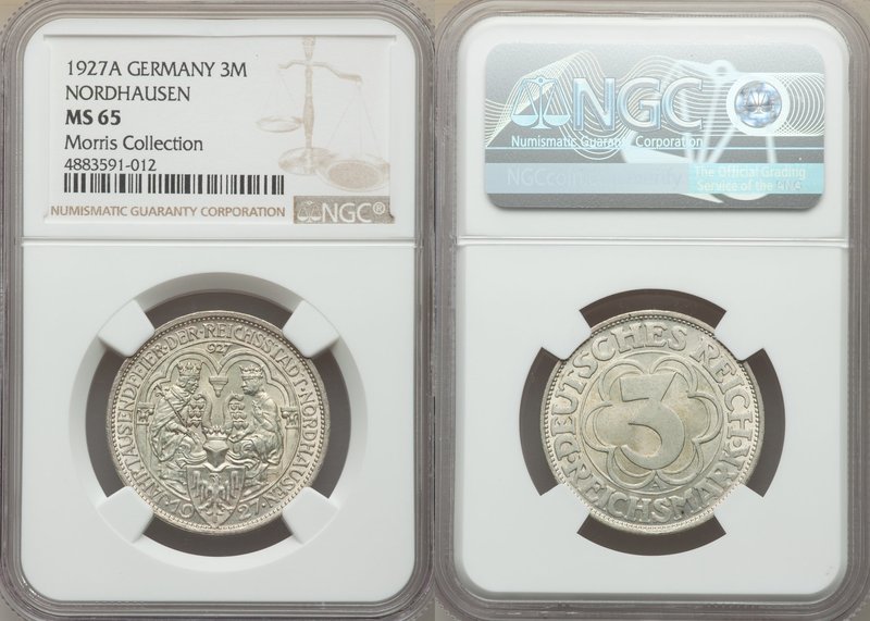 Weimar Republic "Nordhausen" 3 Mark 1927-A MS65 NGC, Berlin mint, KM52. Struck u...