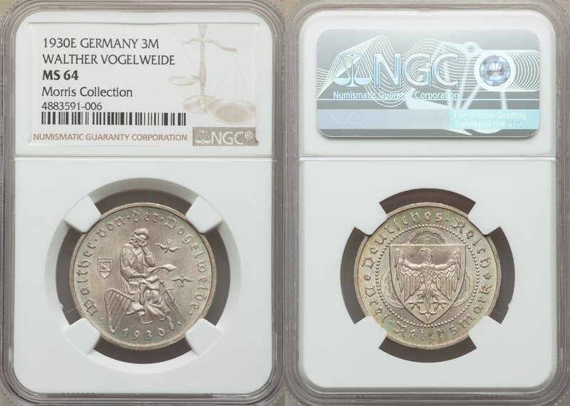 Weimar Republic "von der Vogelweide" 3 Mark 1930-E MS64 NGC, Muldenhutten mint, ...