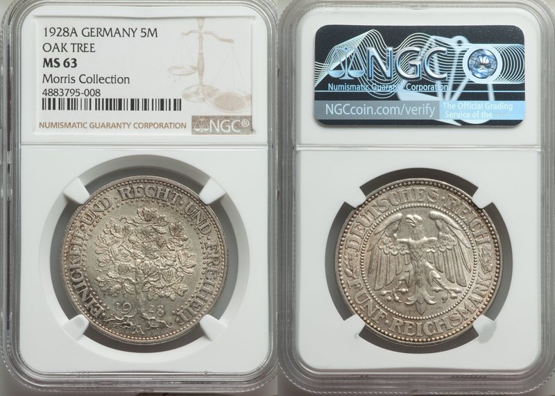 Weimar Republic "Oak Tree" 5 Mark 1928-A MS63 NGC, Berlin mint, KM56. From the M...