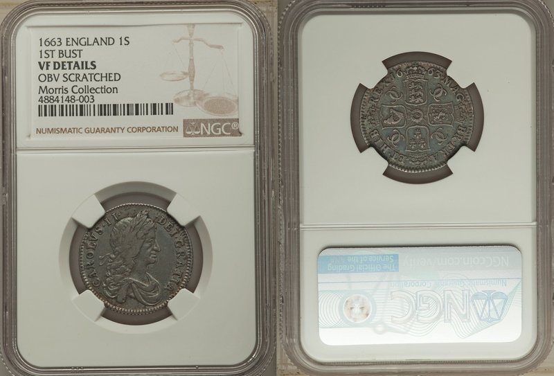 Charles II Shilling 1663 VF Details (Obverse Scratched) NGC, KM418.2. First bust...