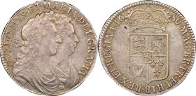 William & Mary 1/2 Crown 1689 AU50 NGC, KM472.1, S-3434. First busts of William & Mary / First crowned shield with pearls, caul & interior frosted. Fr...