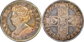 Anne Shilling 1708 MS61 NGC, KM524.1. Strongly defined details are complemented by colorful surfaces in this Mint State specimen, whose orange-gold ce...