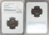 George II Farthing 1754 AU55 Brown NGC, KM581.2. Chocolate brown with a subtle darkening atop George's bust resulting in a pleasing accentuation of th...