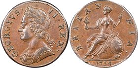 George II 1/2 Penny 1754 AU58 Brown NGC, KM579.2. Chocolate toned with sharp devices showing only light rub on the higher points, but no significant s...
